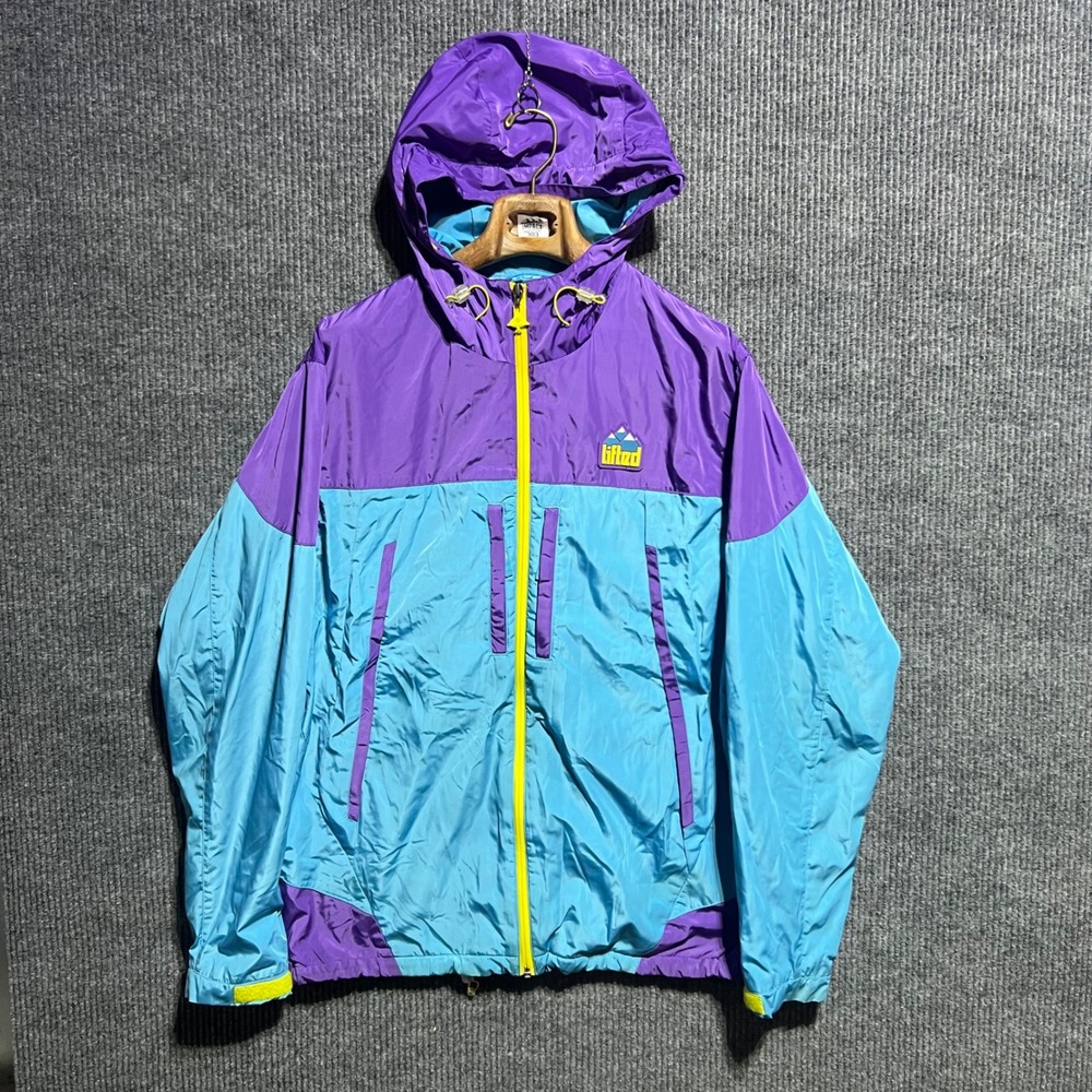 LRG Windbreaker Jacket Mens Large Purple Turquoise Colorblock Hooded Streetwear